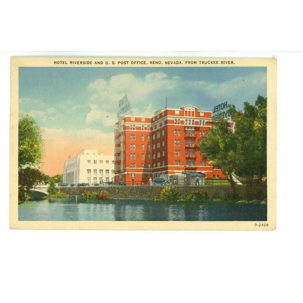Vintage‎ Postcard Reno Nevada Hotel Riverside US Post Office Travel Truckee USA